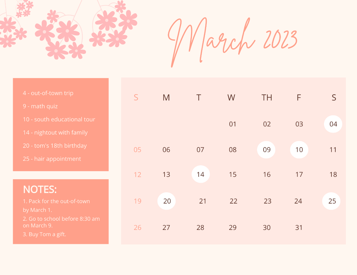 Floral March 2023 Calendar Template