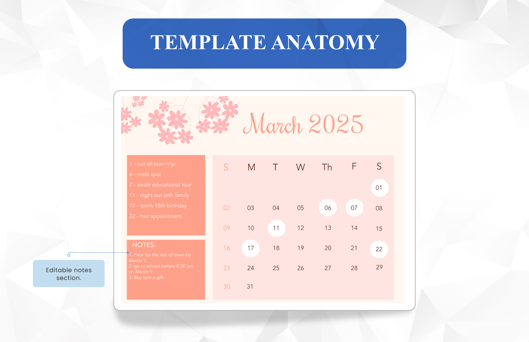 Floral March 2025 Calendar Template