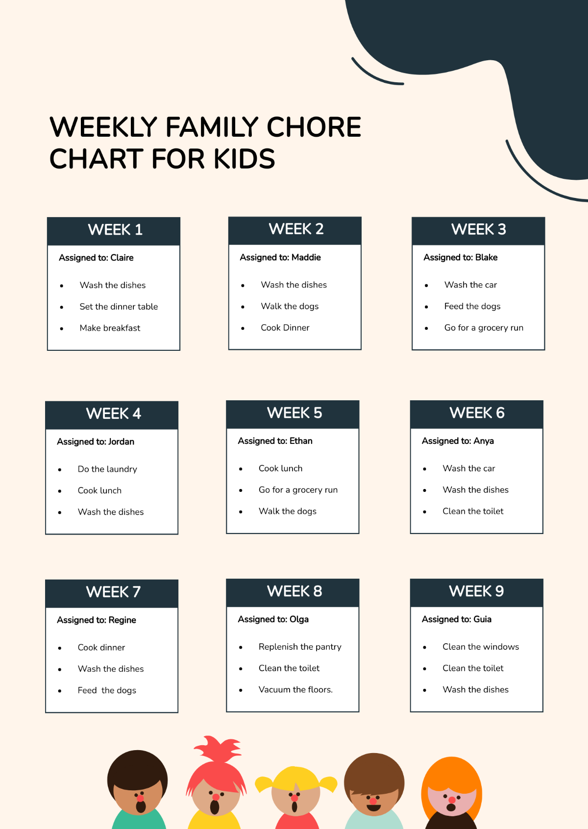 Weekly Family Chore Chart For Kids Template