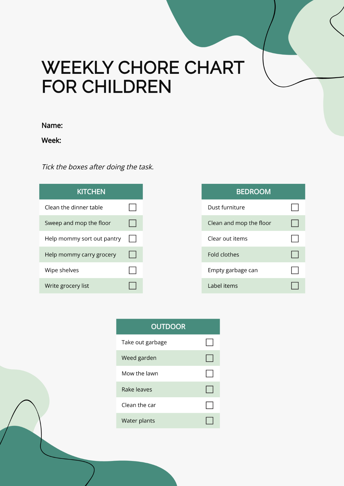 Weekly Chore Chart For Children Template