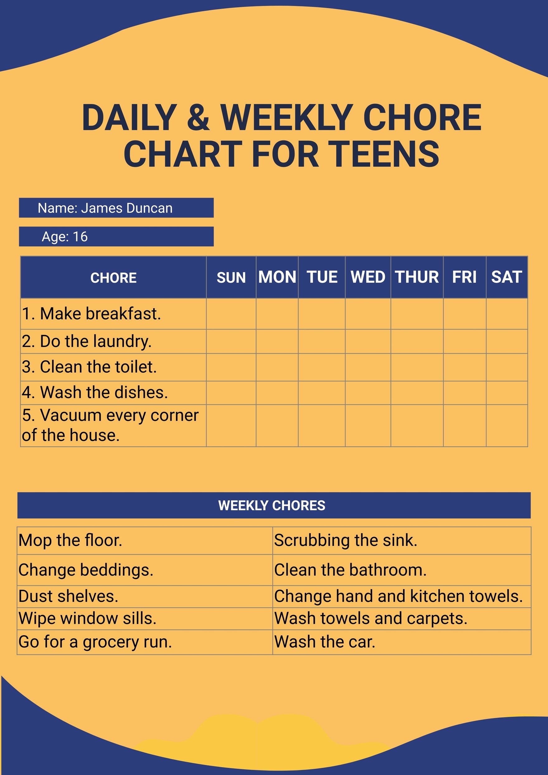 Daily & Weekly Chore Chart For Teens