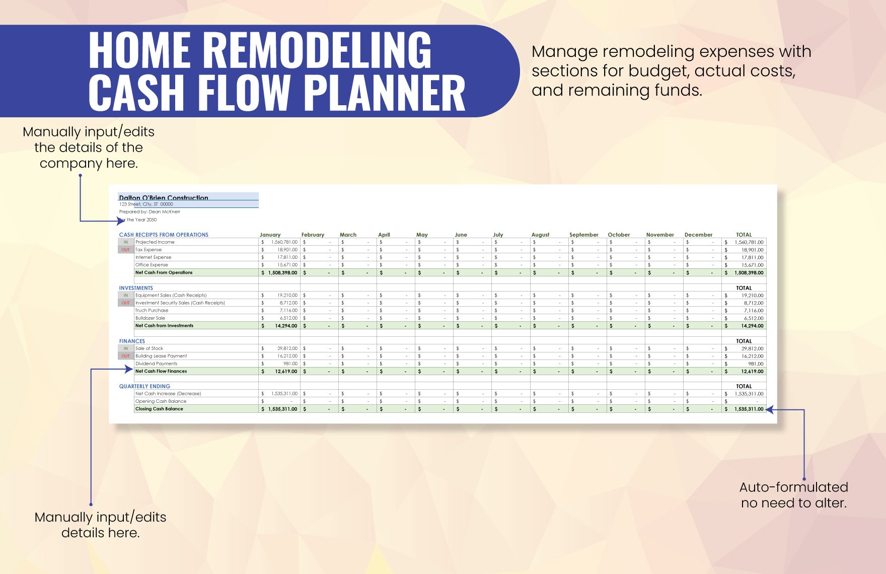 Home Remodeling Cash Flow Planner Template