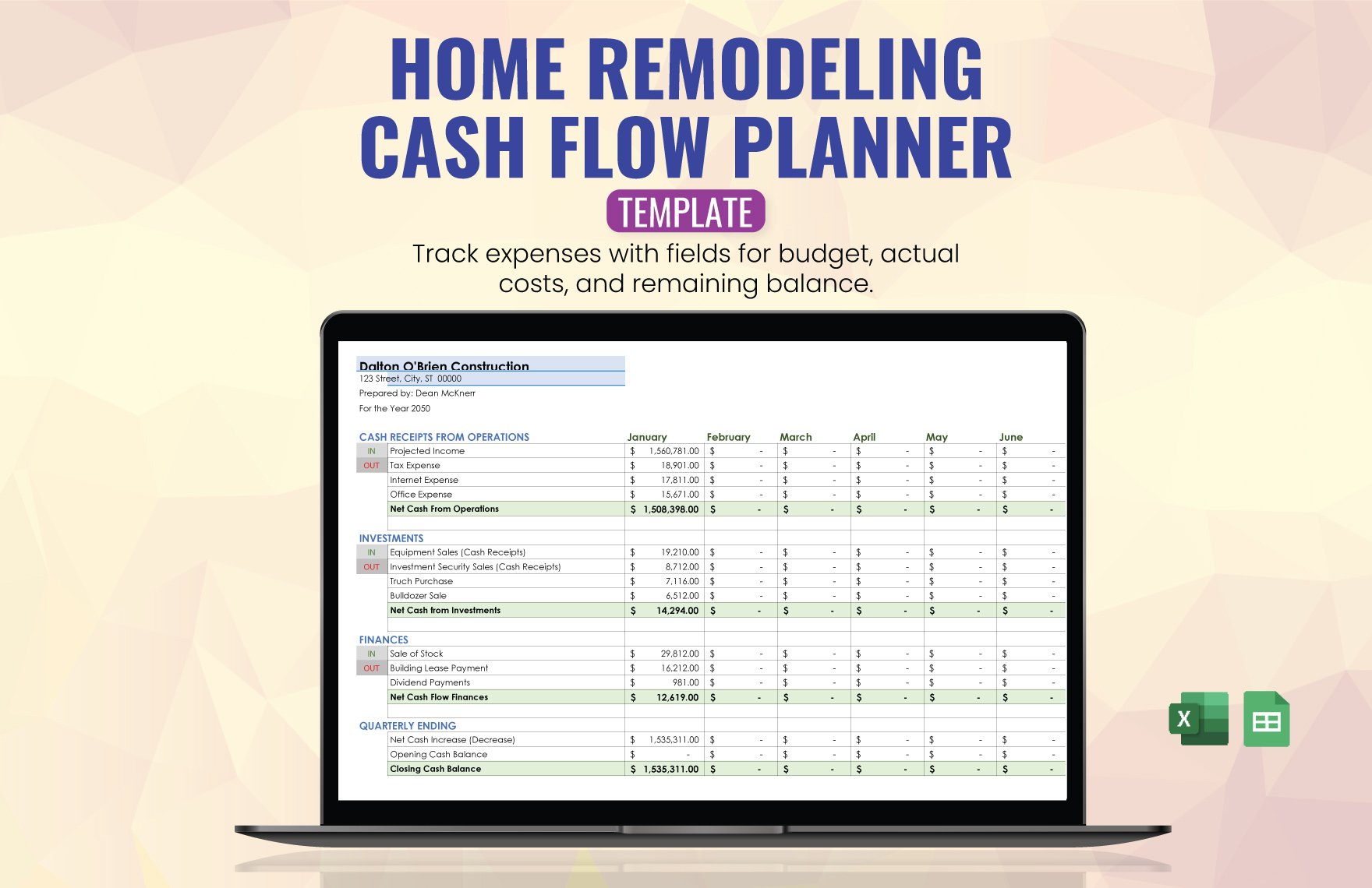 Free Home Remodeling Cash Flow Planner Template in Excel, Google Sheets