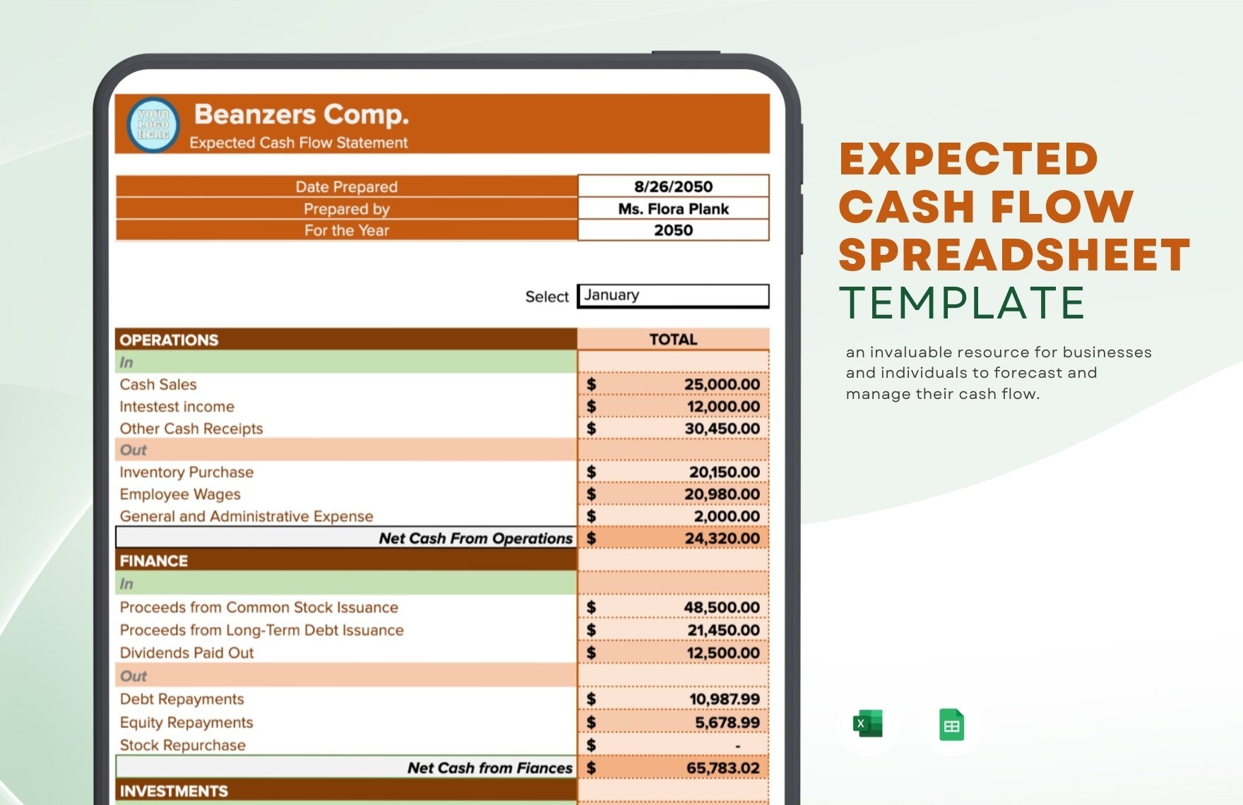 Expected Cash Flows Spreadsheet in Excel, Google Sheets