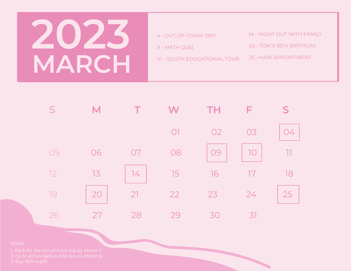 Pretty March 2023 Calendar Template
