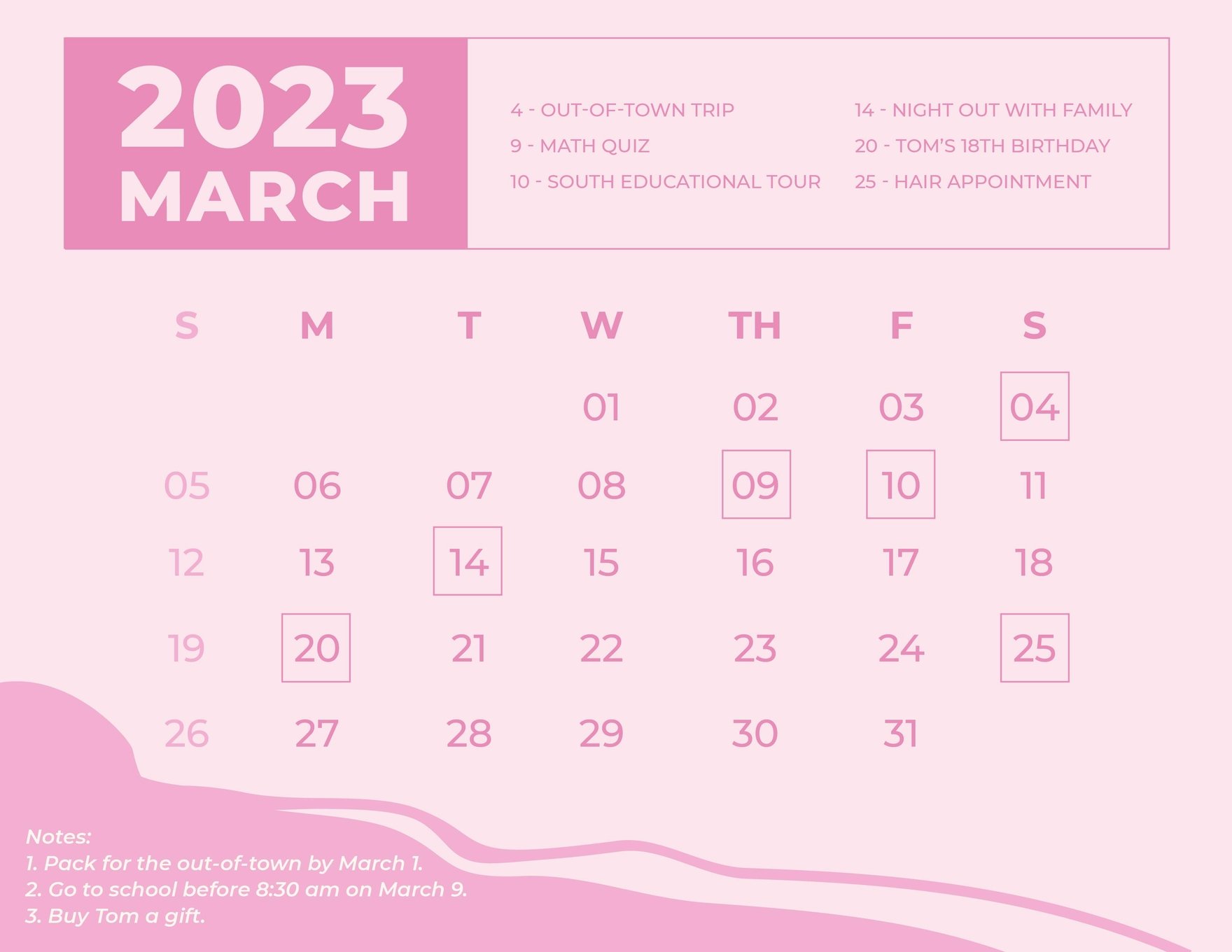 Pretty March 2023 Calendar