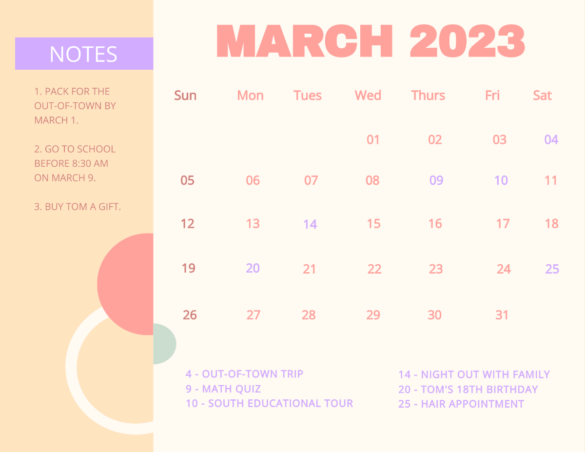 Colorful March 2023 Calendar Template