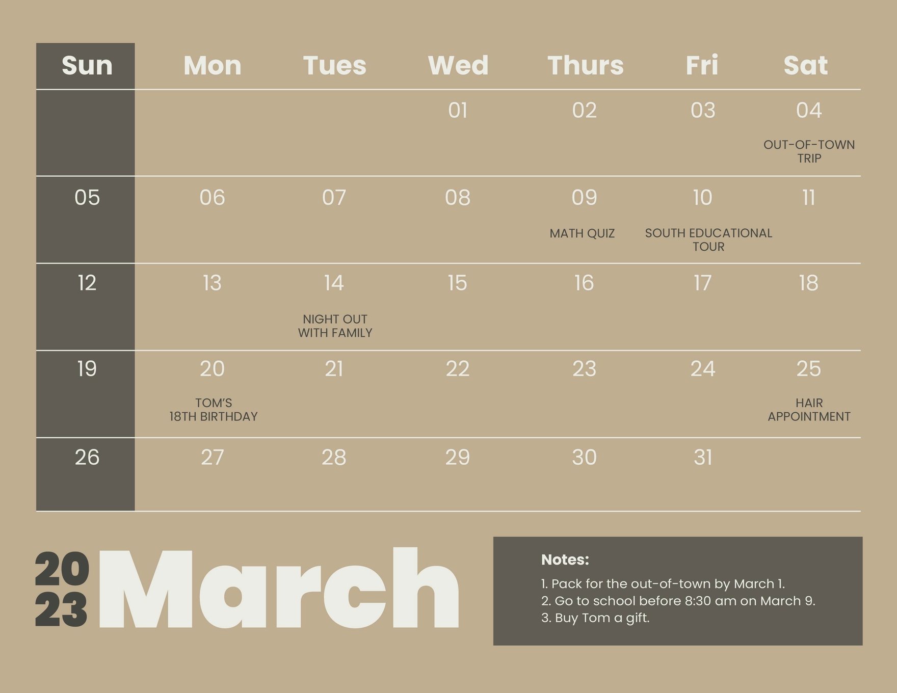 Blank March 2023 Calendar Template