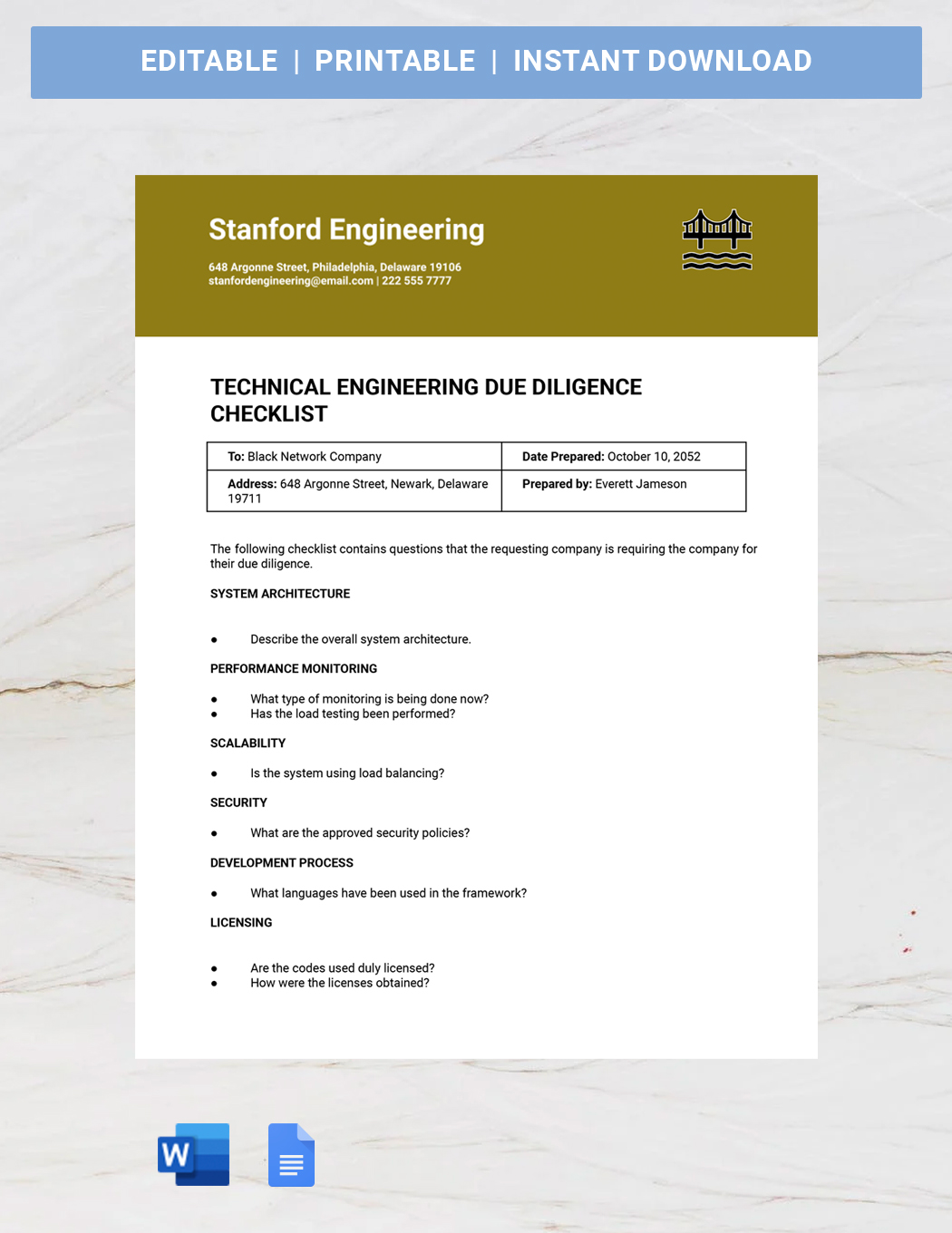 Technical Engineering Due Diligence Checklist Template