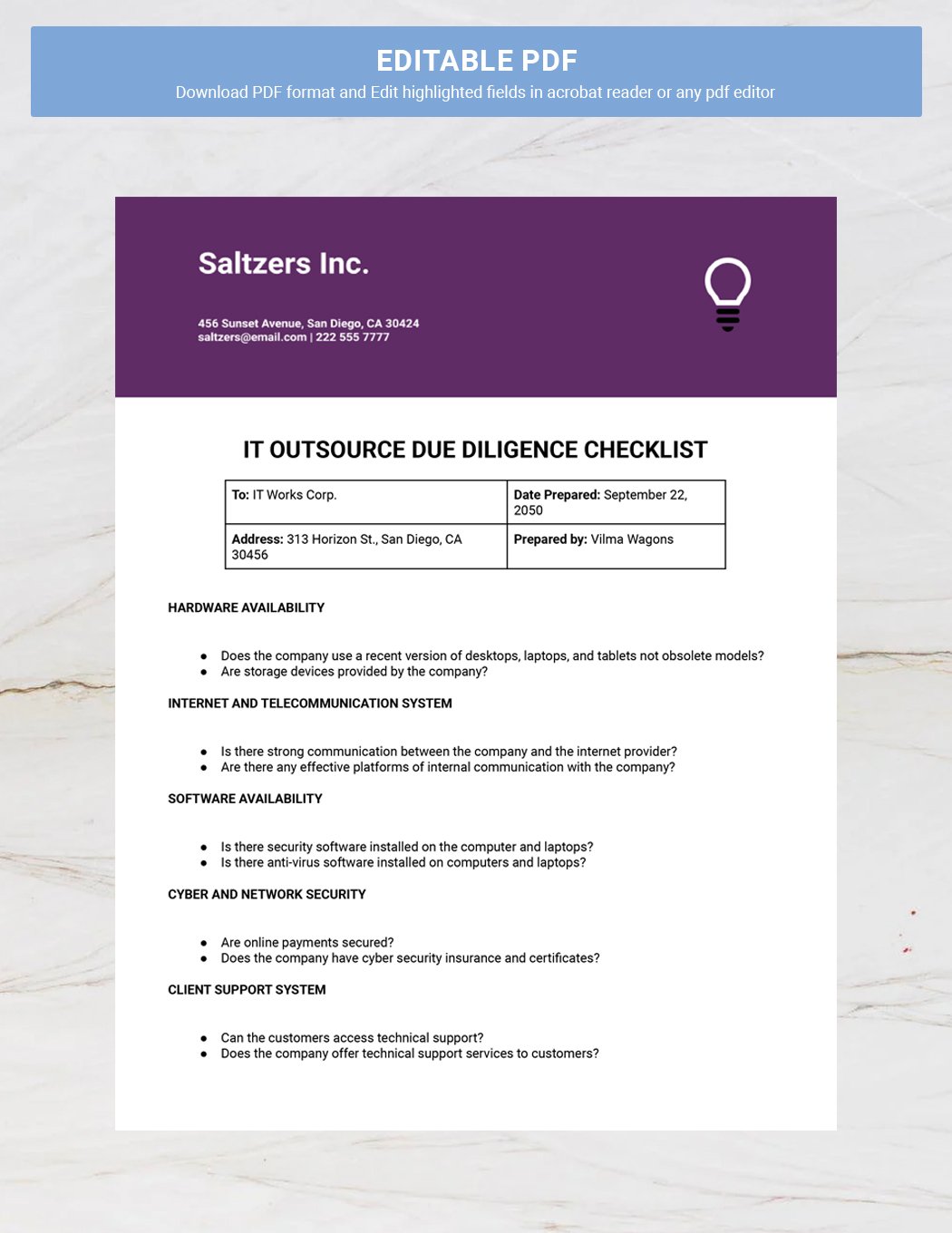 IT Outsource Due Diligence Checklist Template