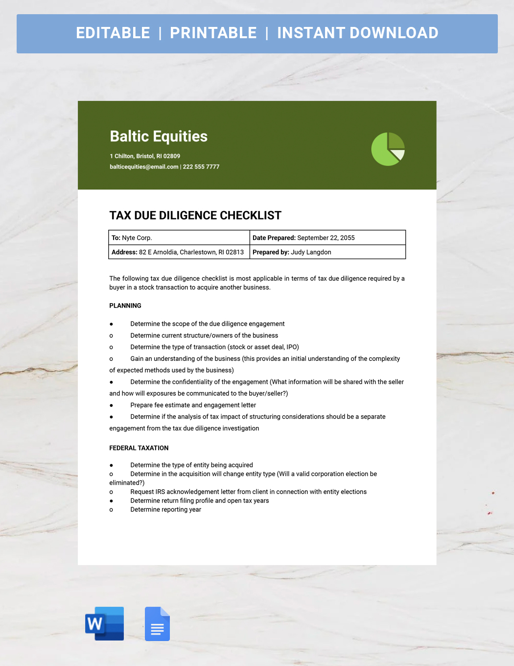 Tax Due Diligence Checklist Template