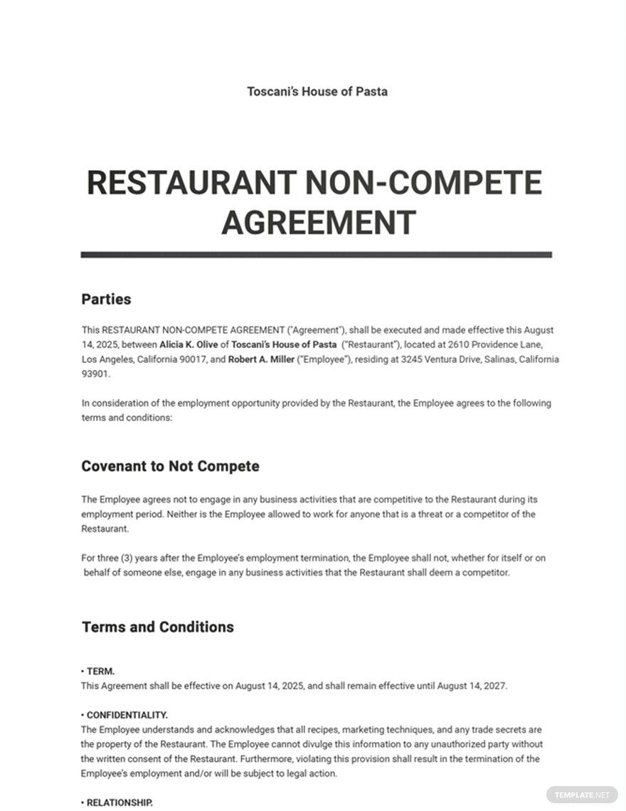 Restaurant Non Compete Agreement Template