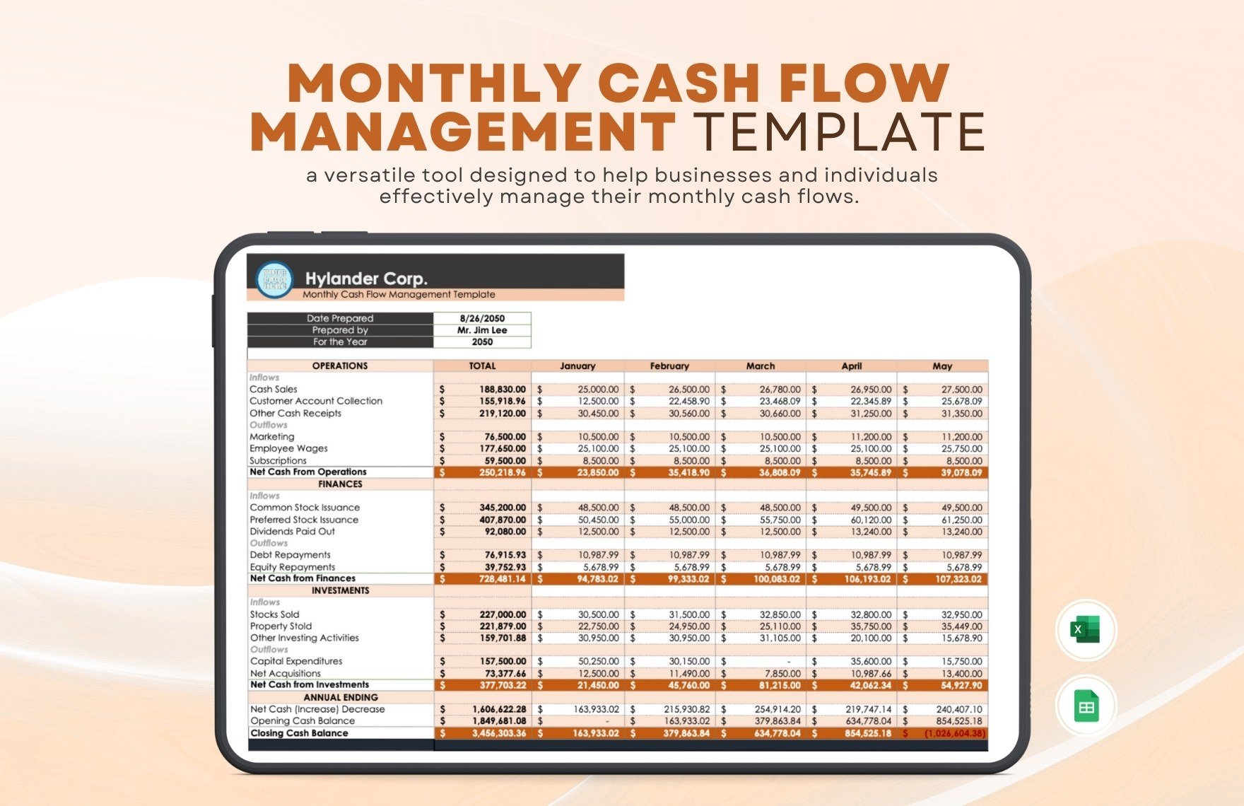 Monthly Cash Flow Management Template in Excel, Google Sheets