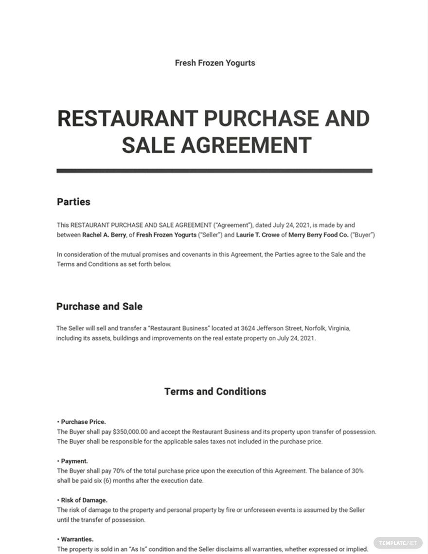 Restaurant Purchase and Sale Agreement Template