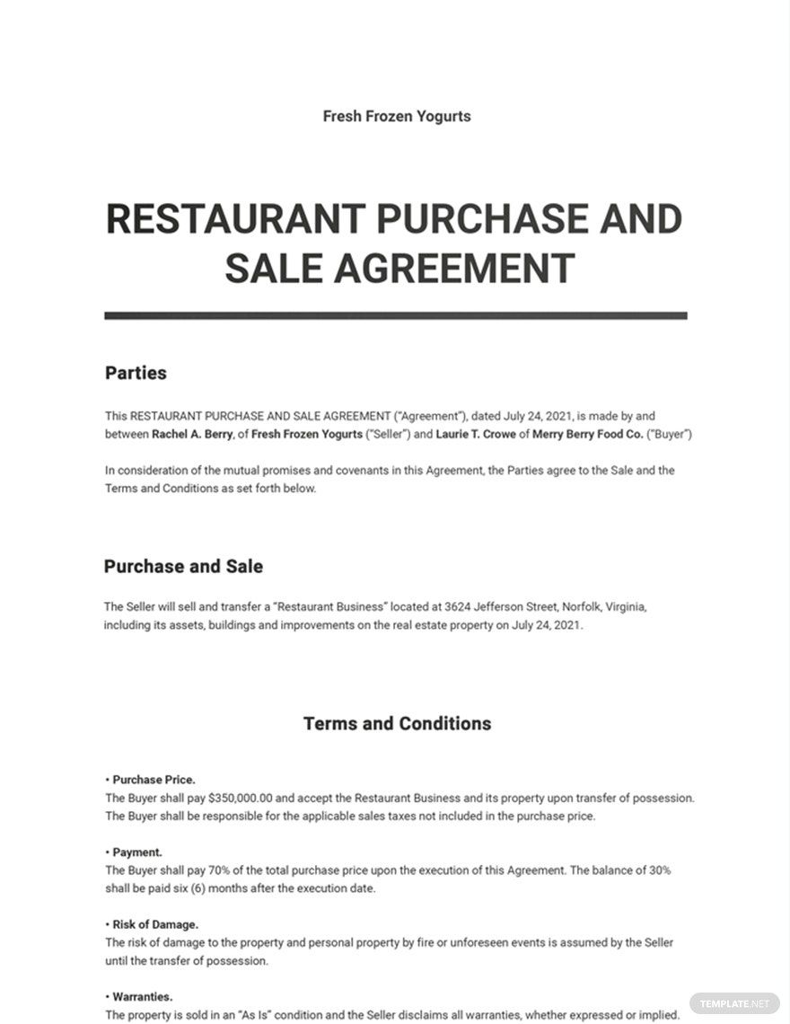 Sample Restaurant Investor Agreement Template Google Docs Word