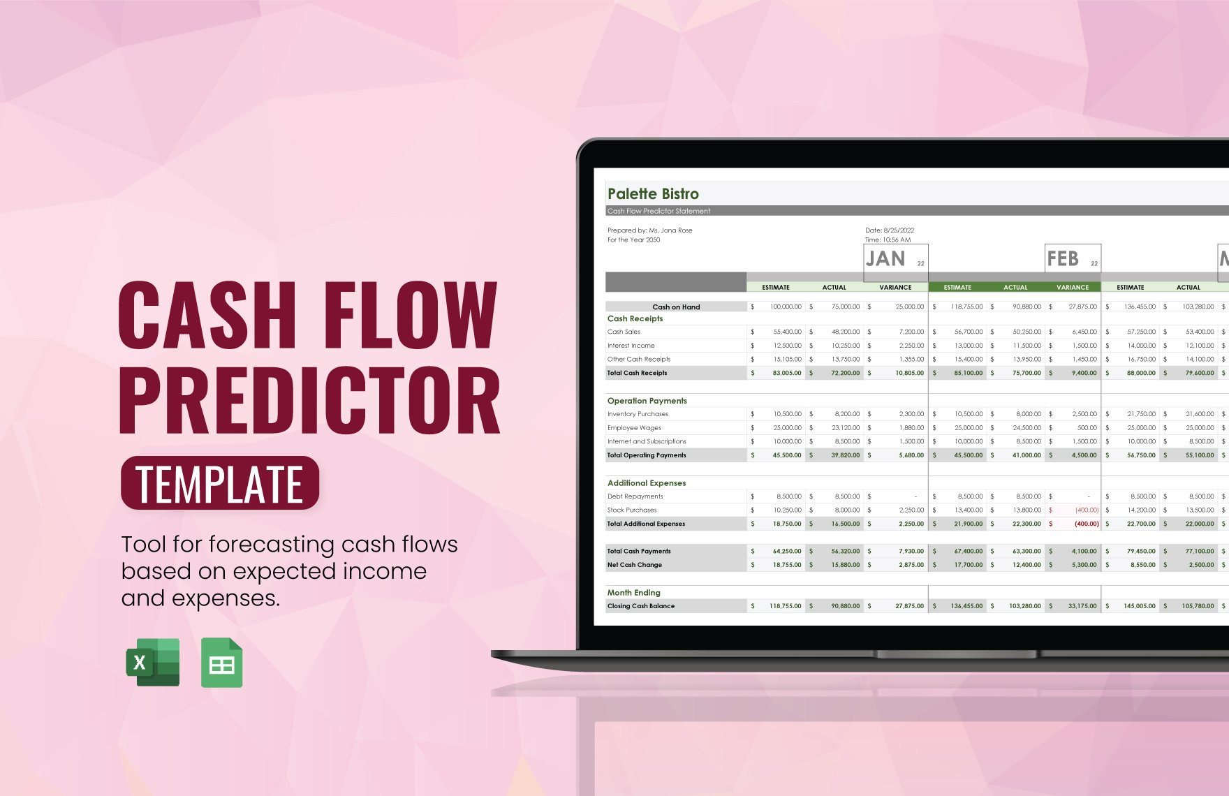 Cash Flow Predictor Template in Excel, Google Sheets