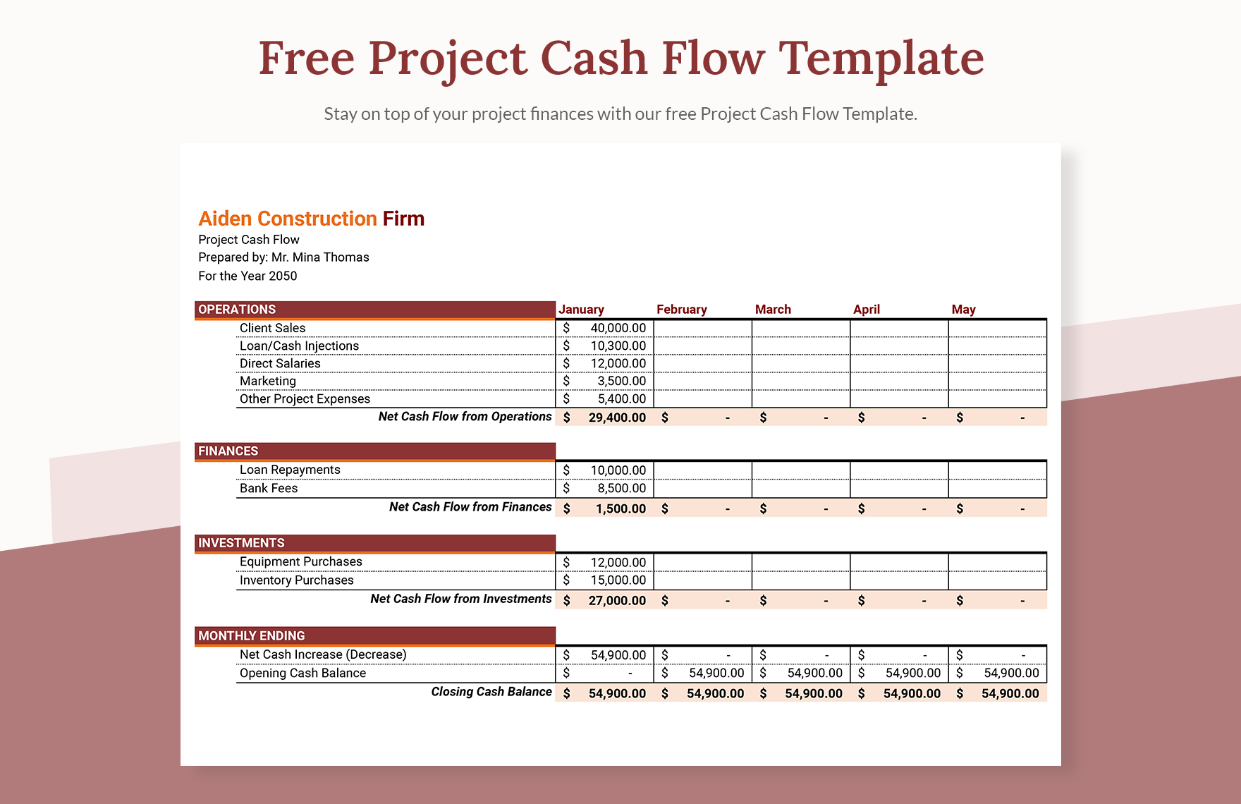 Project Cash Flow Template