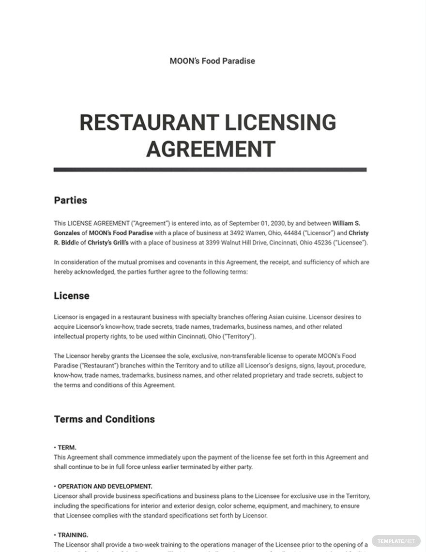 Restaurant Licensing Agreement Template