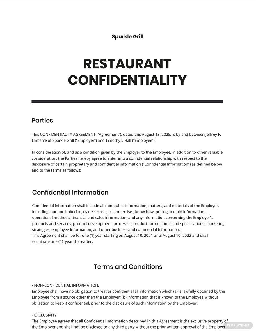Restaurant Confidentiality Agreement Template