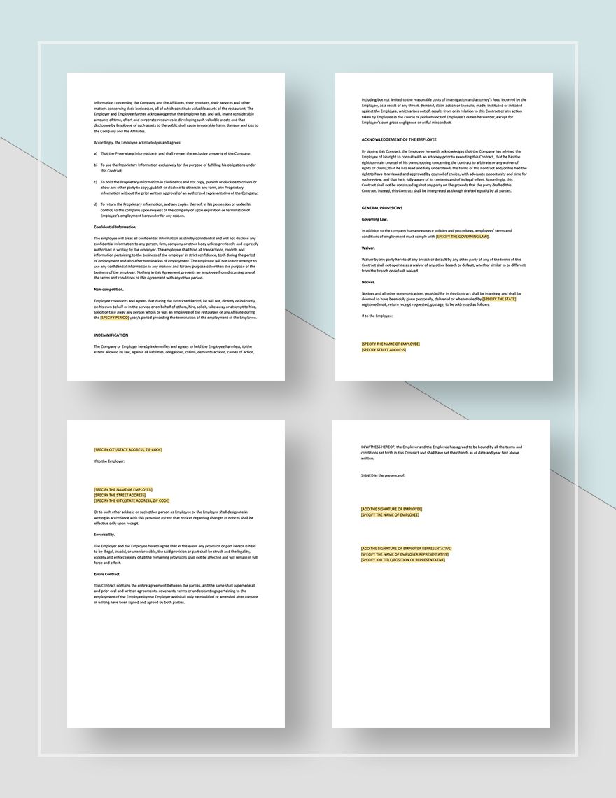 Restaurant Employment Contract Template in Google Docs Word Pages
