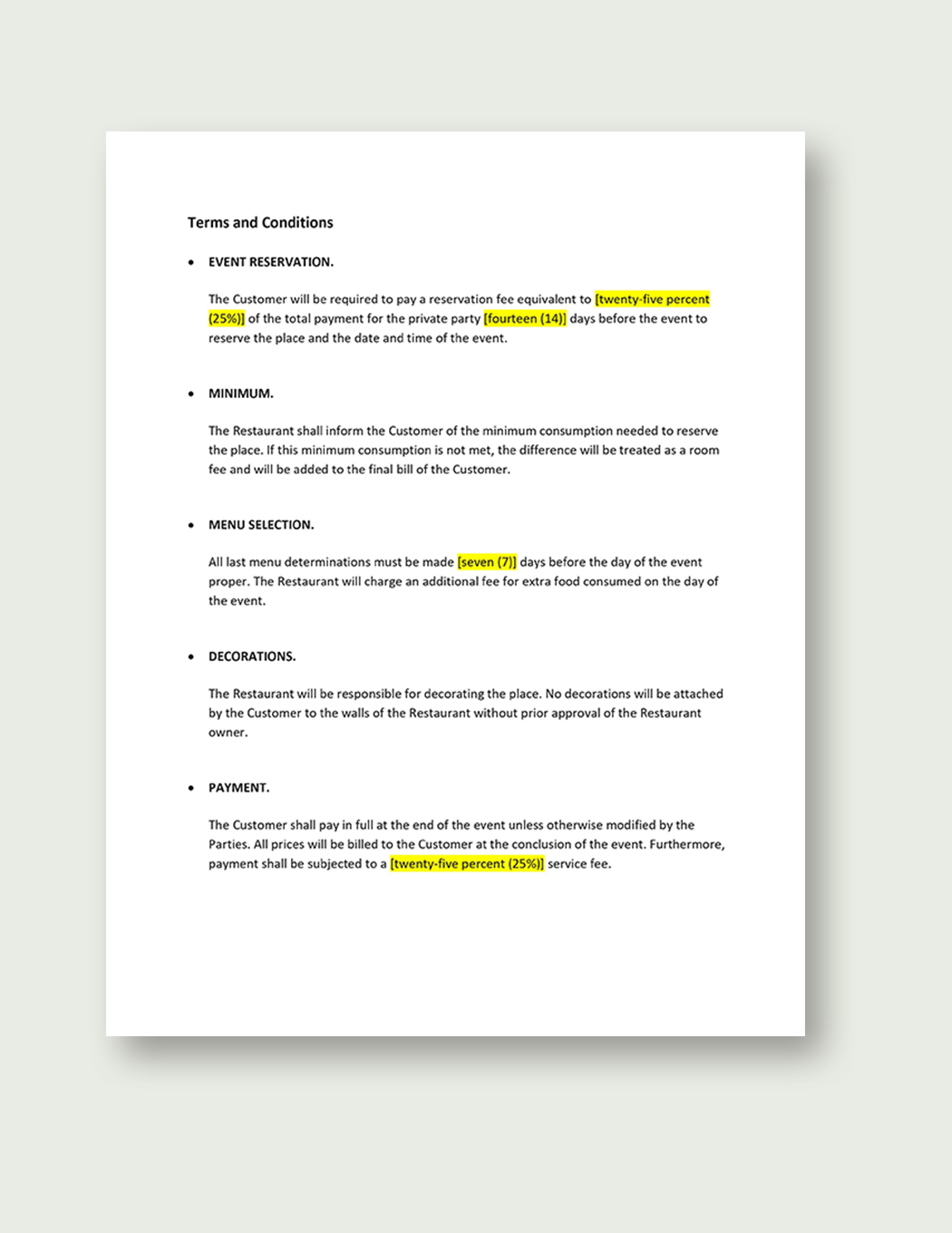 Restaurant Private Party Contract Template Google Docs, Word