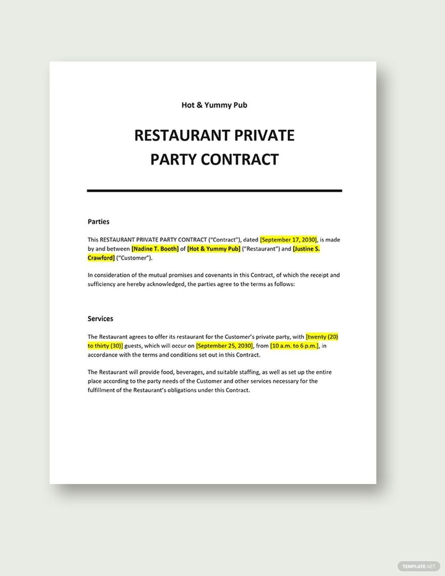Restaurant Private Party Contract Template