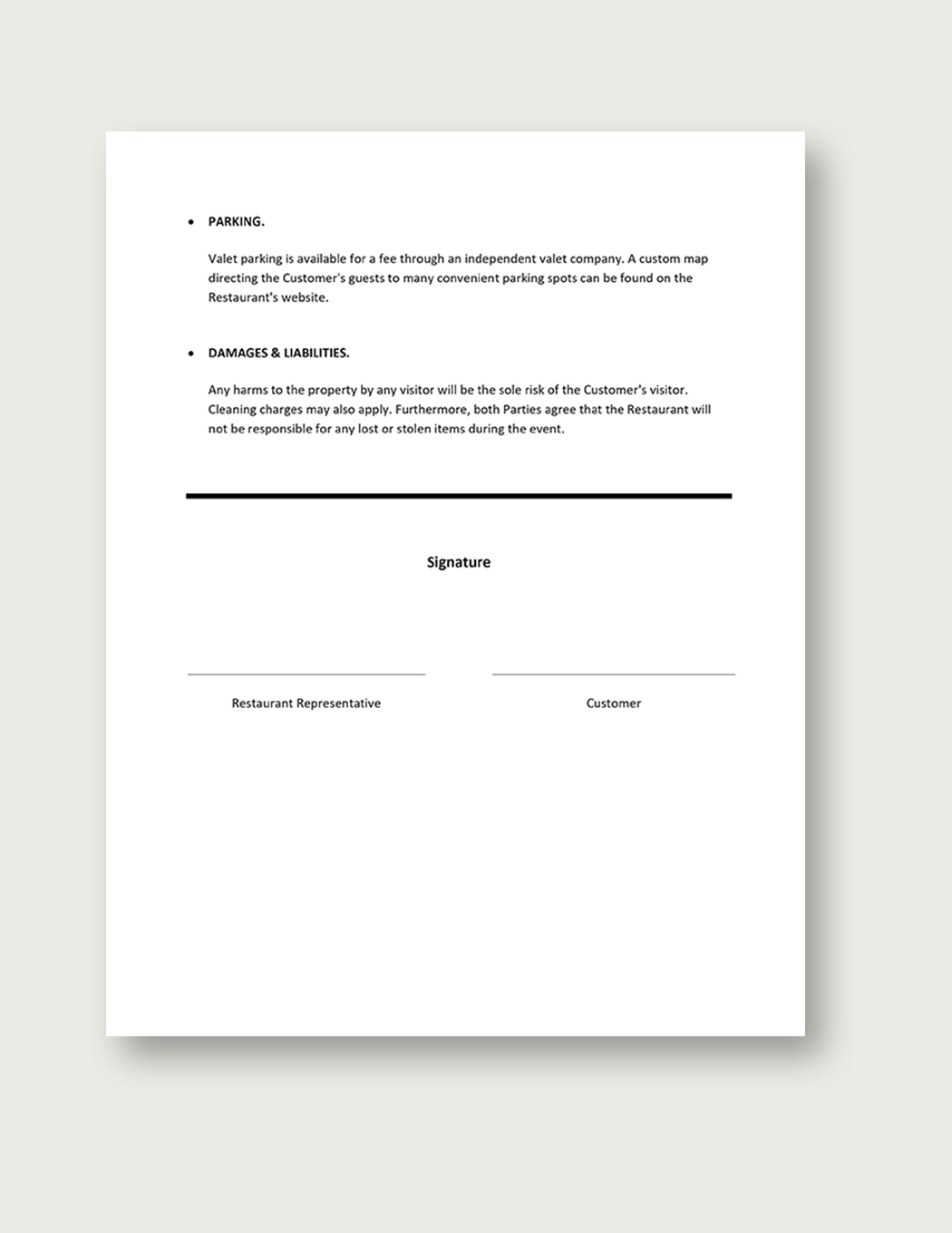 Restaurant Private Party Contract Template Google Docs, Word