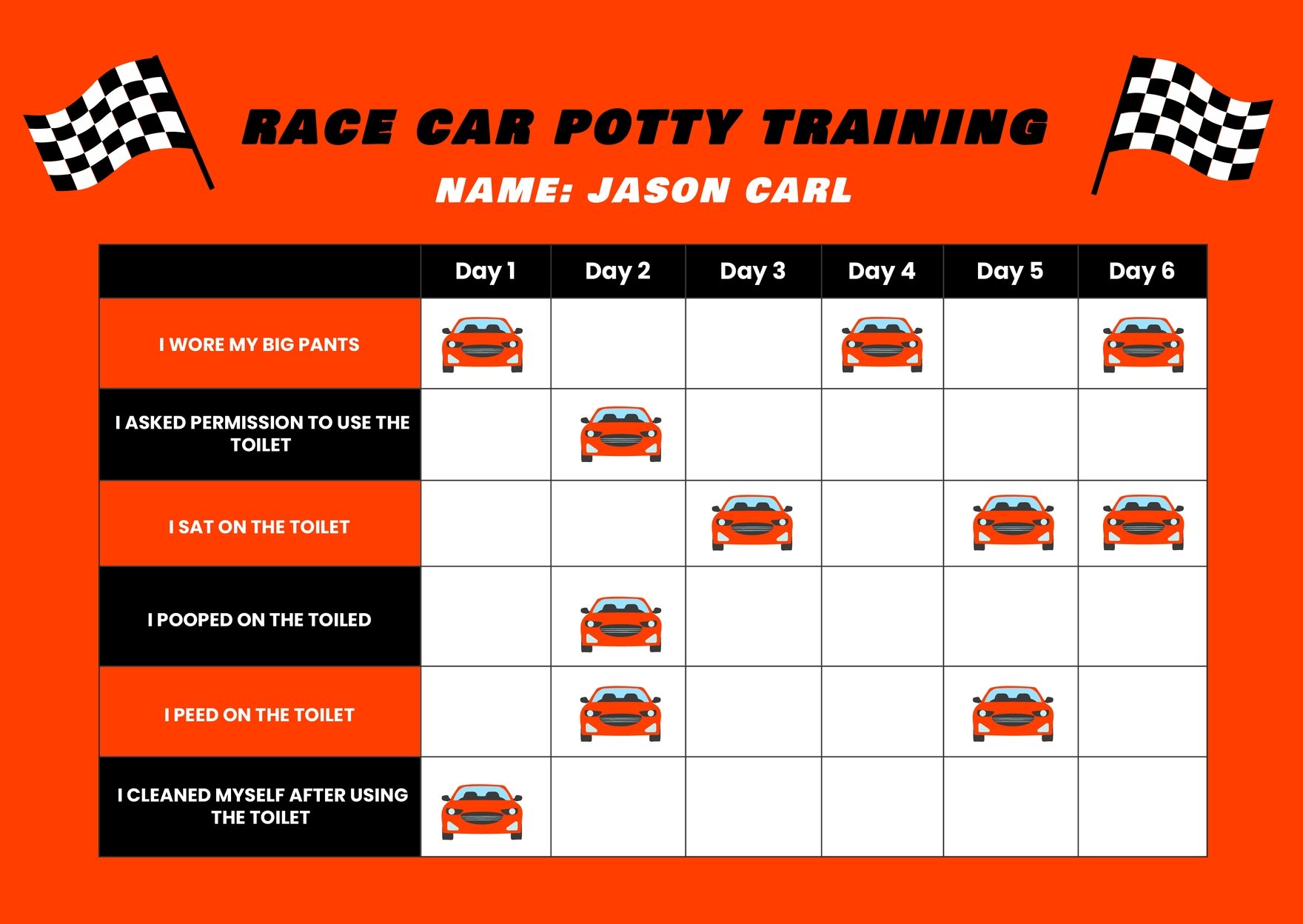 Race Car Potty Training Chart