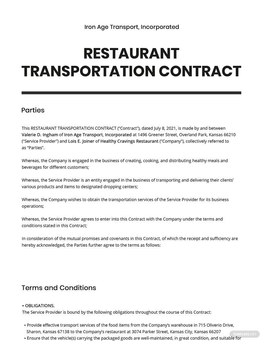 Restaurant Transportation Contract Template