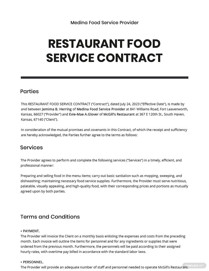 Restaurant Food Service Contract Template