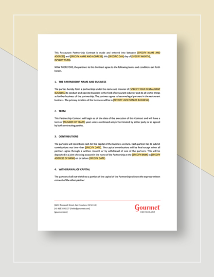 Restaurant Partnership Contract Template Google Docs Word Template