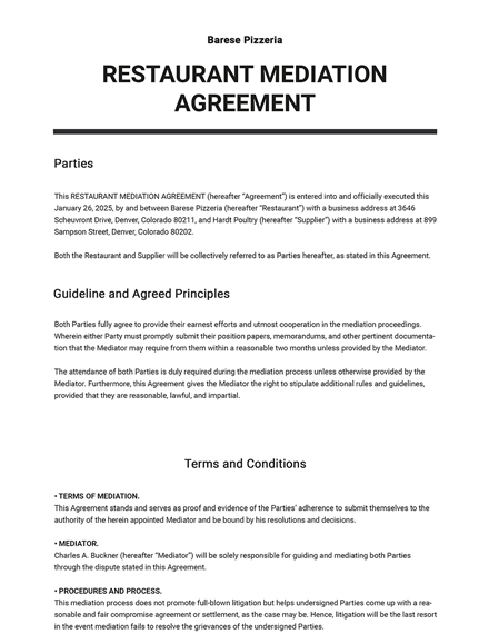 Workplace Mediation Outcome Agreement Template
