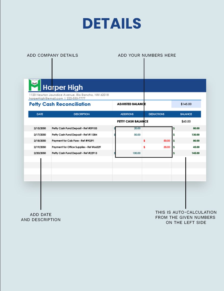 Petty Cash Reconciliation Template Google Sheets, Excel