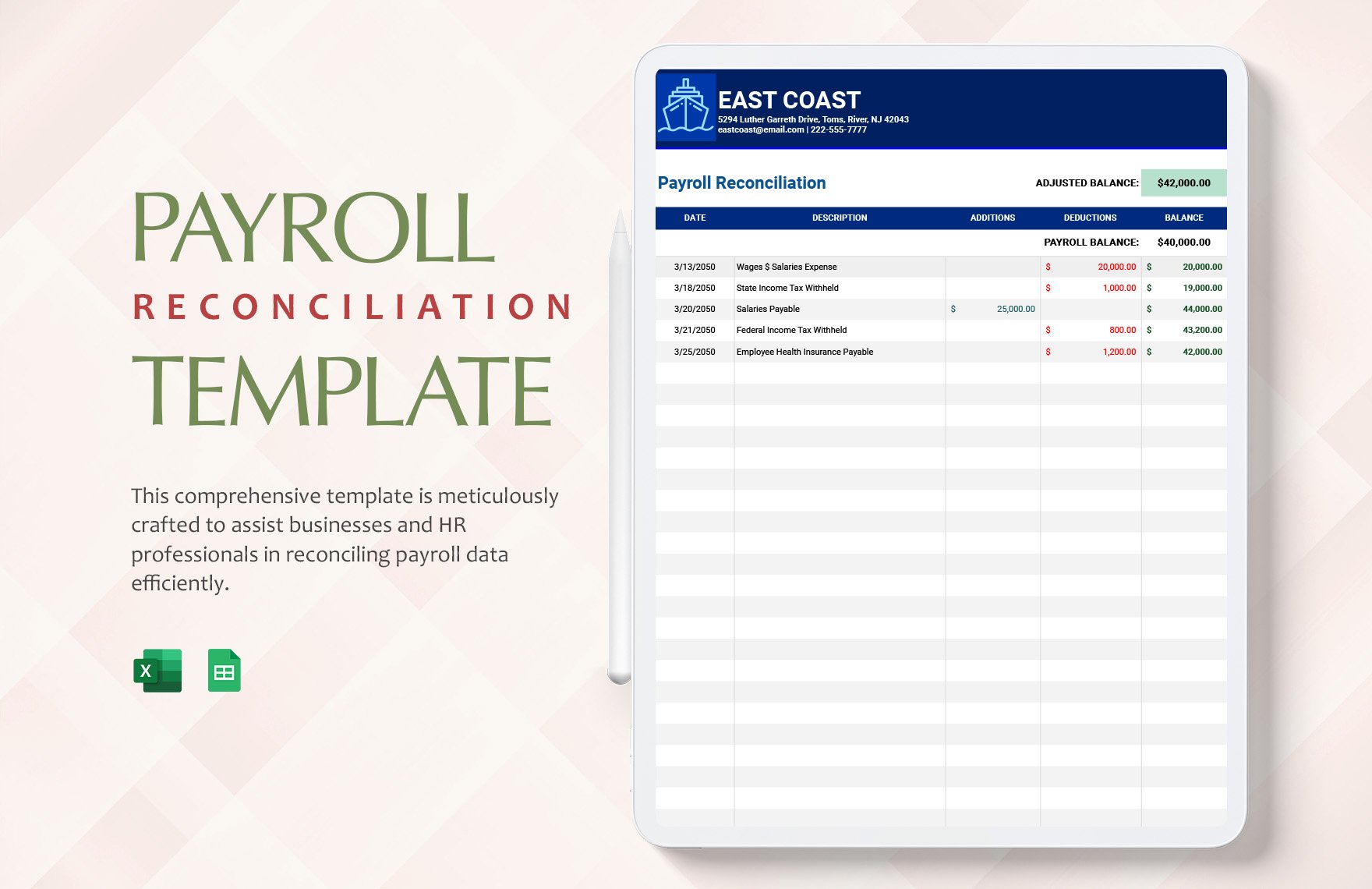 Payroll Reconciliation Template in Excel, Google Sheets