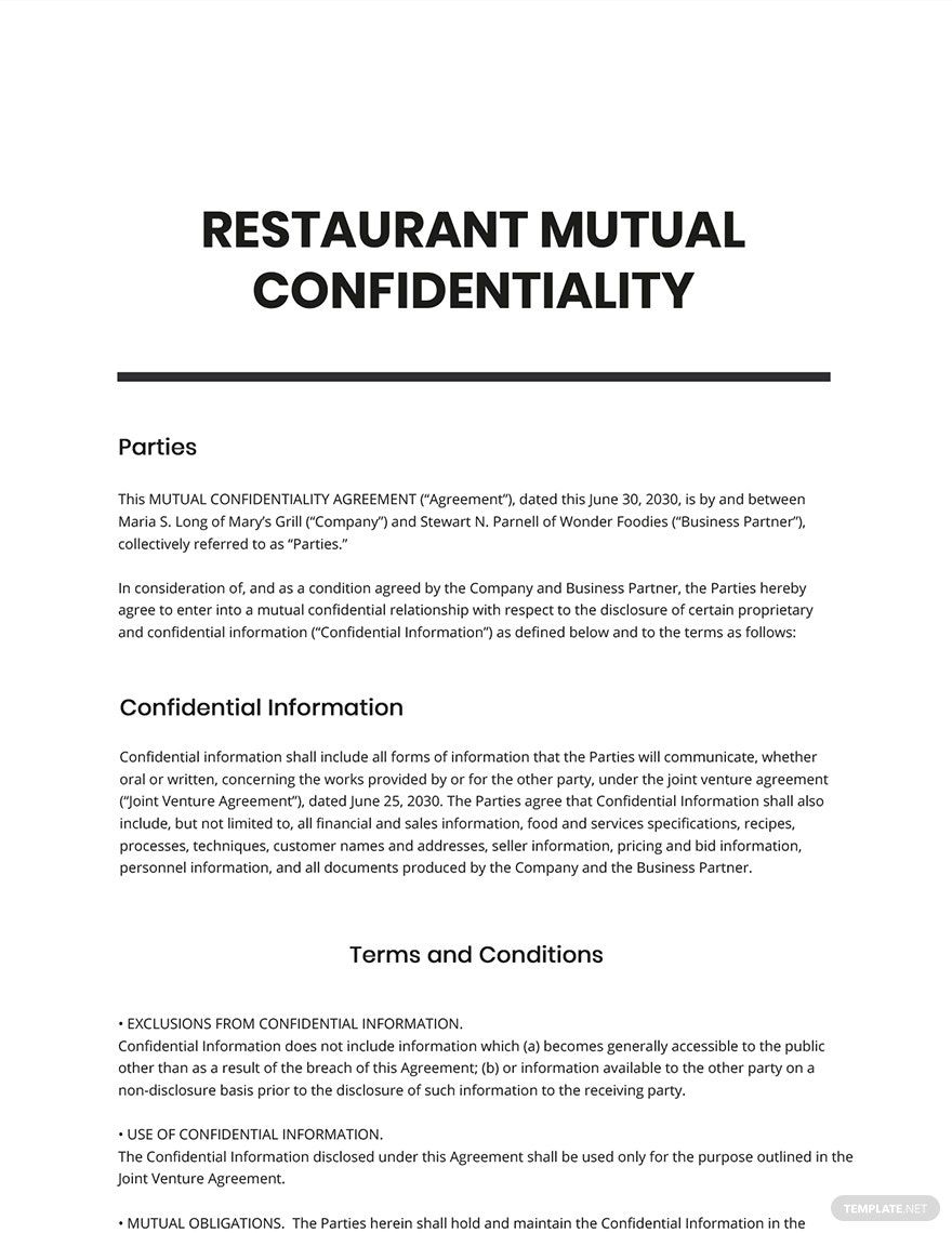 Restaurant Mutual Confidentiality Agreement Template