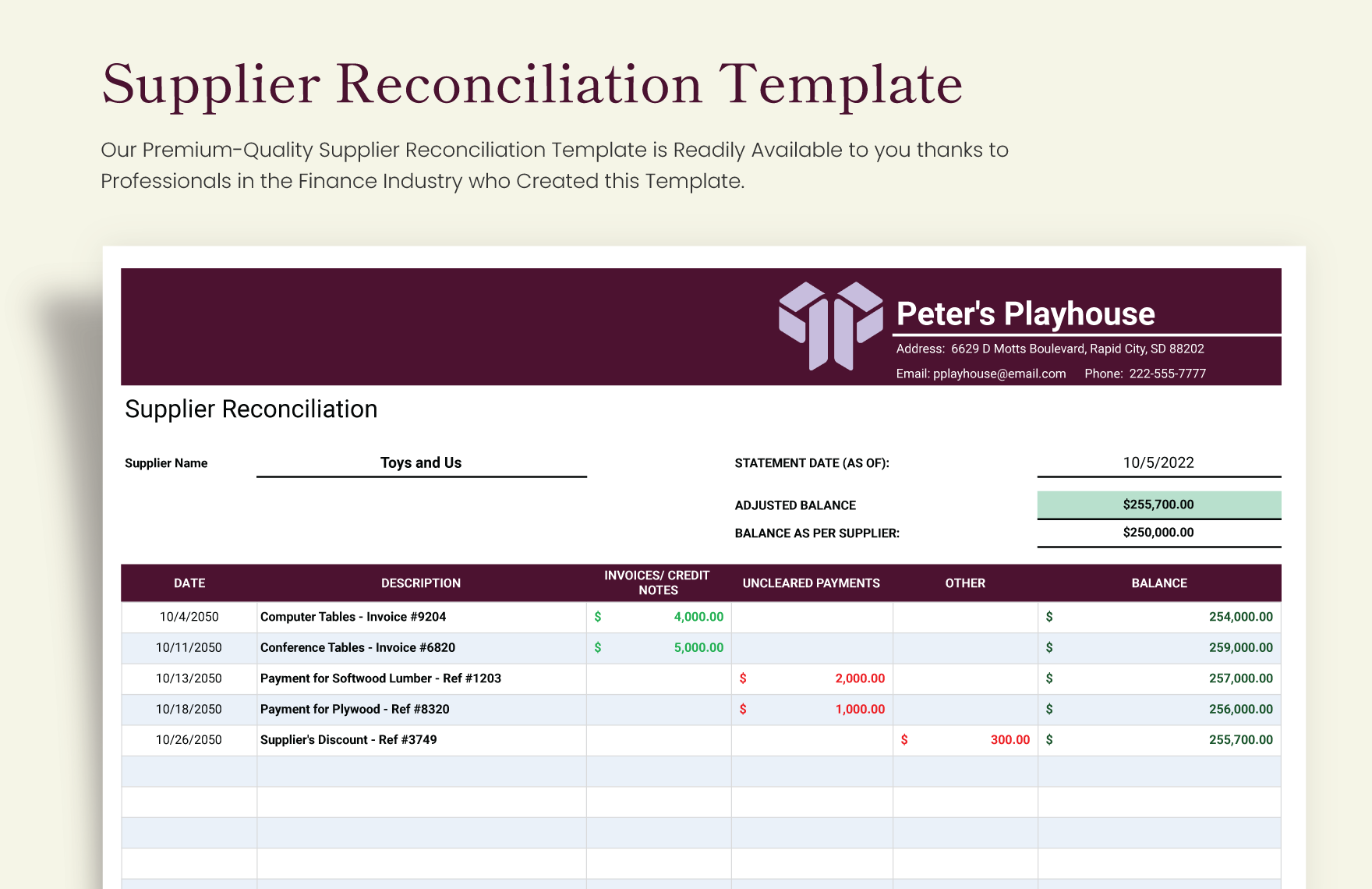 Supplier Reconciliation Template in Excel, Google Sheets