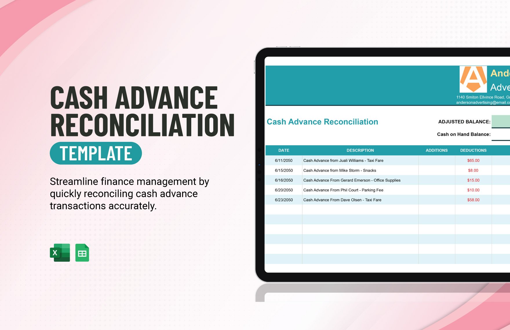 Cash Advance Reconciliation Template in Excel, Google Sheets
