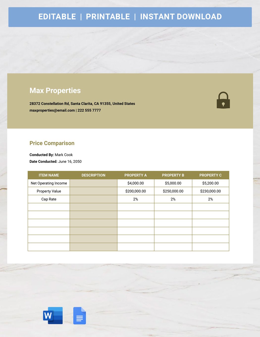 Rental Property Roi And Cap Rate Comparison Template in Word, Google Docs, Apple Pages