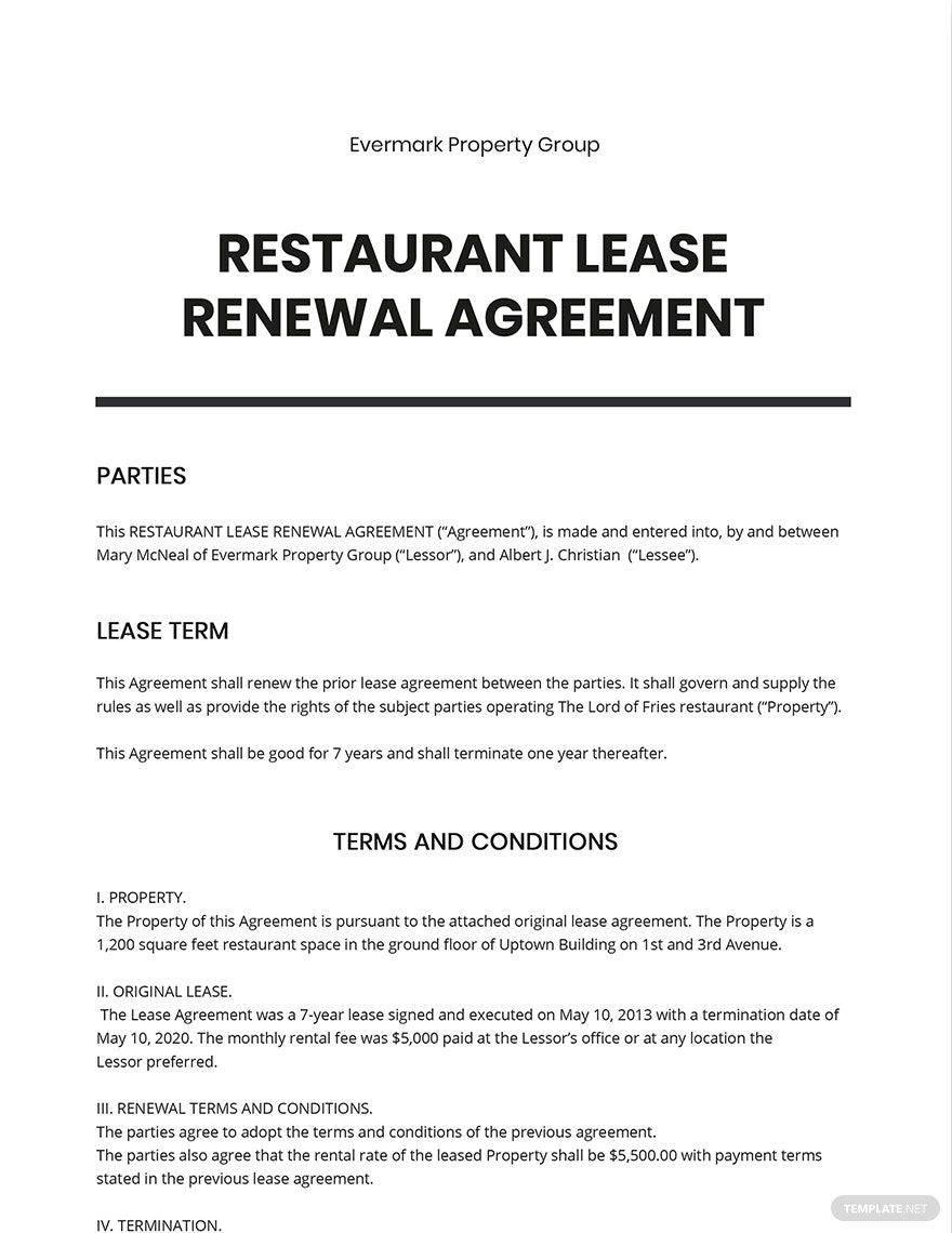 Restaurant Lease Renewal Agreement Template