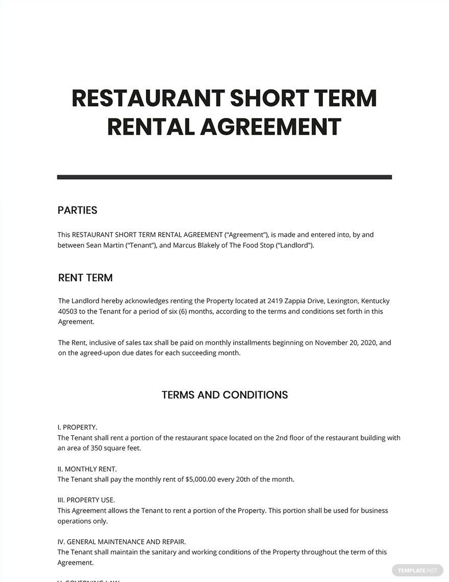 Restaurant Short Term Rental Agreement Template