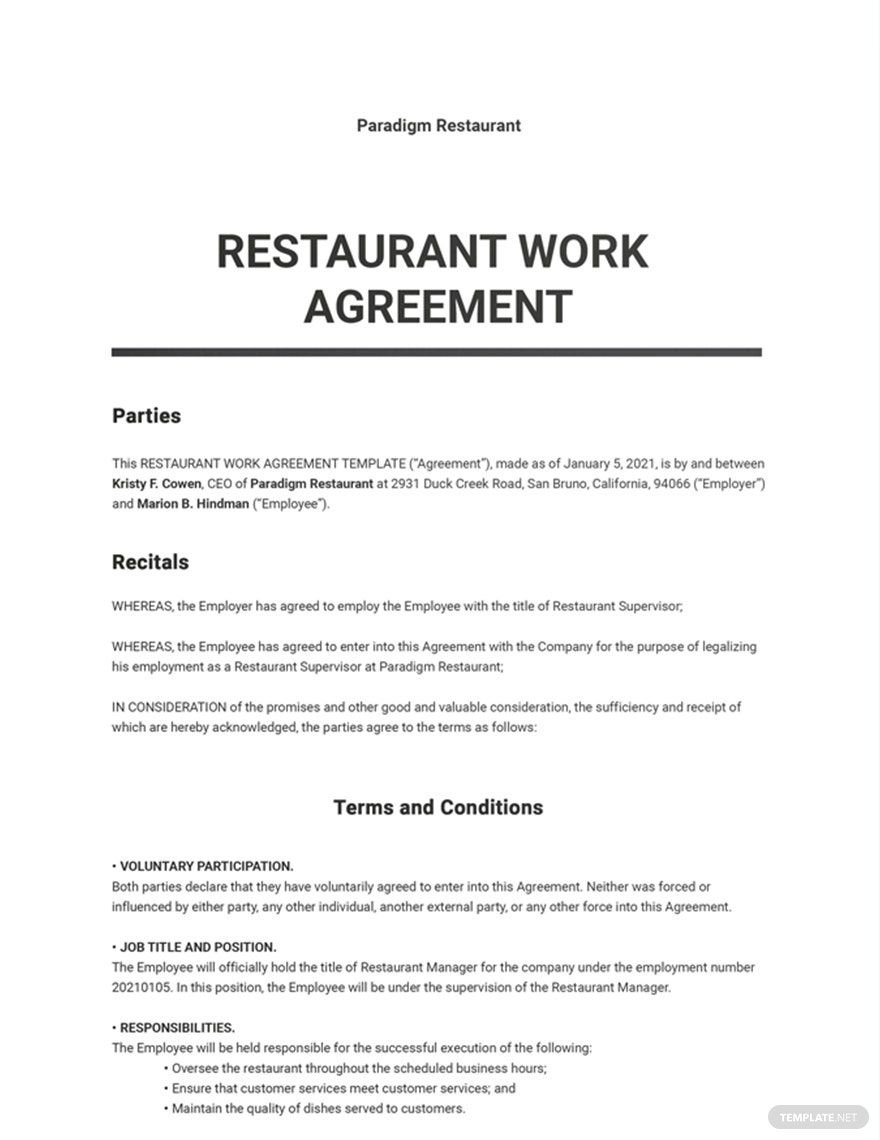 Restaurant Work Agreement Template