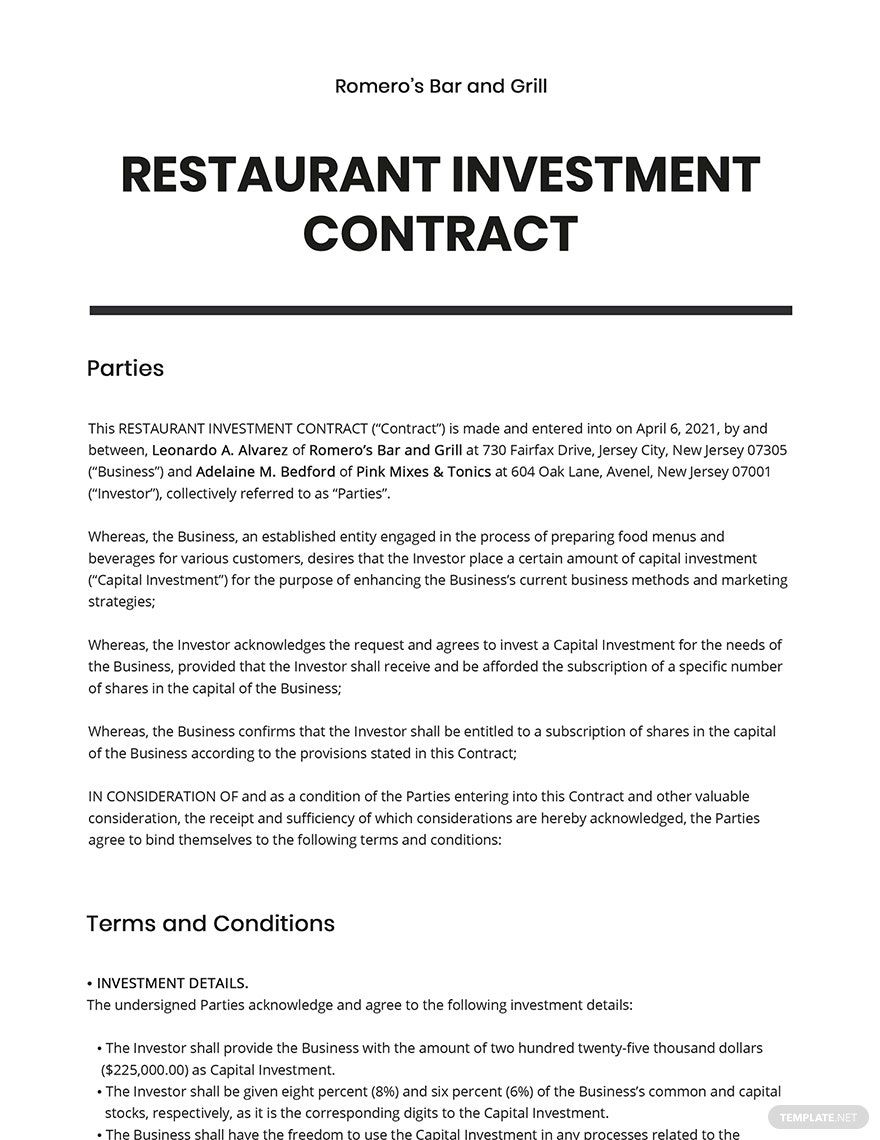 Restaurant Investment Contract Template
