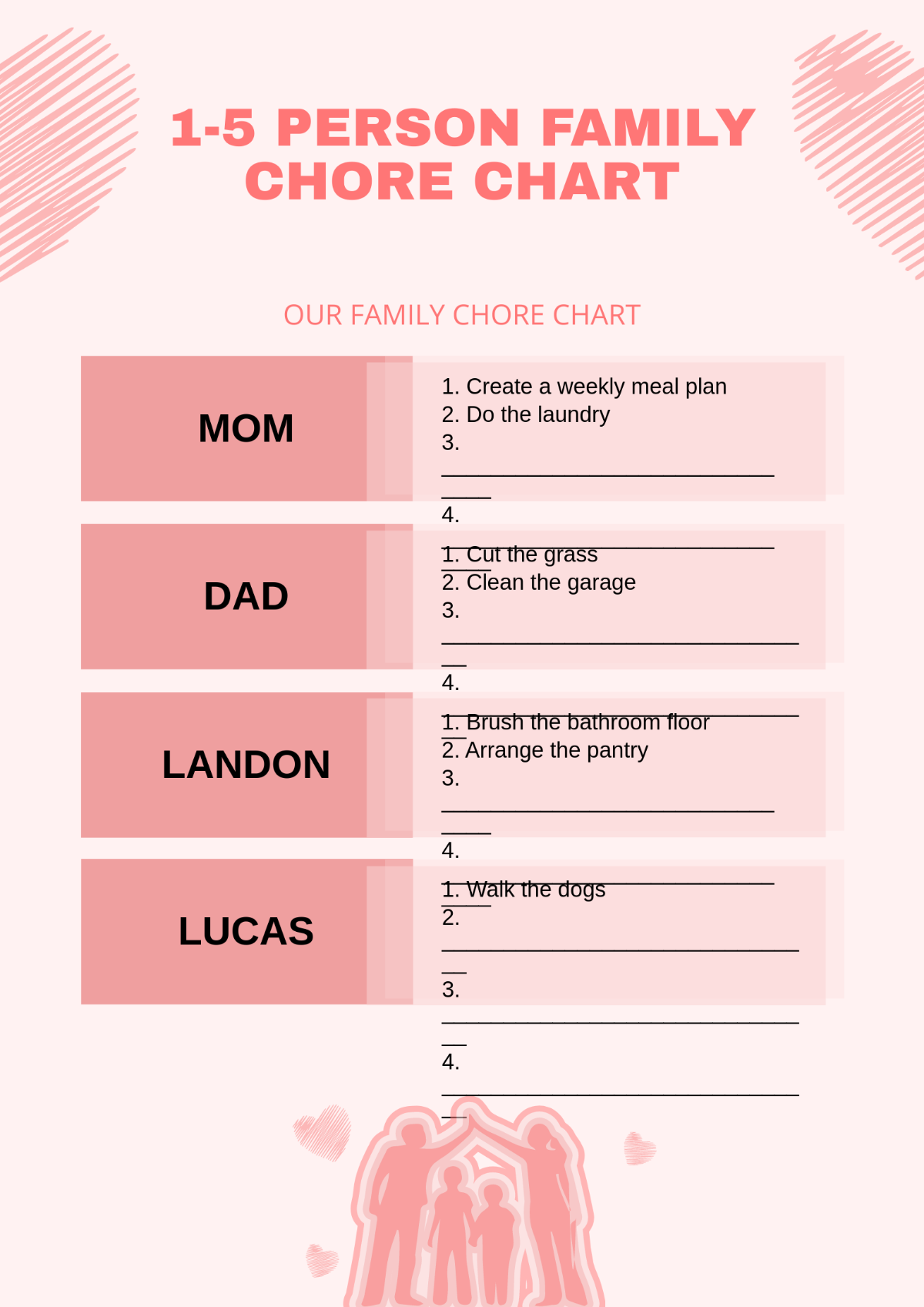 1-5 Person Family Chore Chart Template