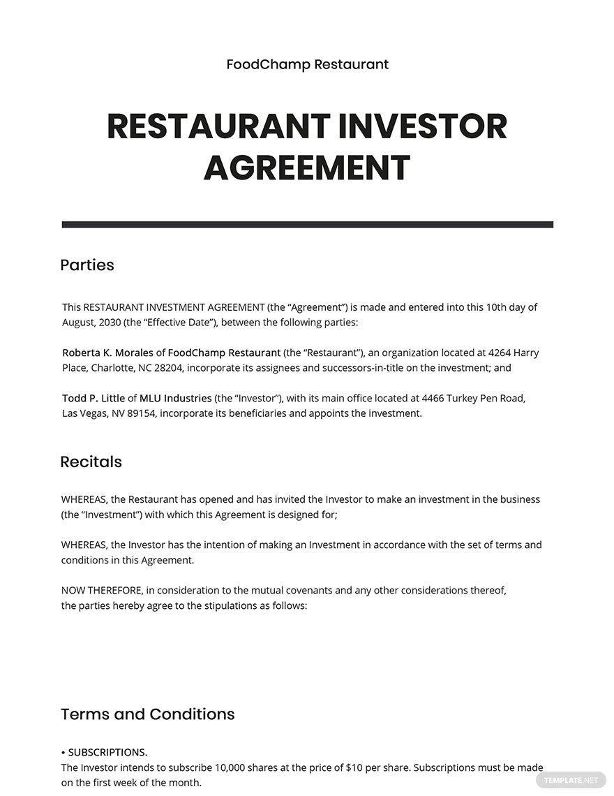Restaurant Investor Agreement Template Google Docs, Word, Apple Pages