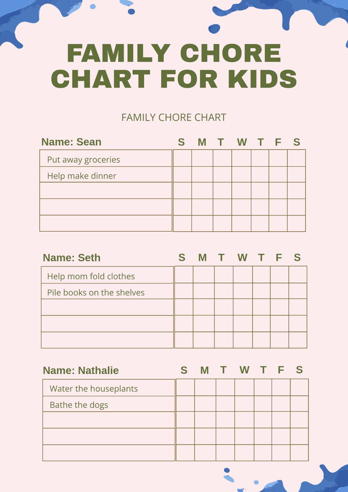 Family Chore Chart For Kids Template