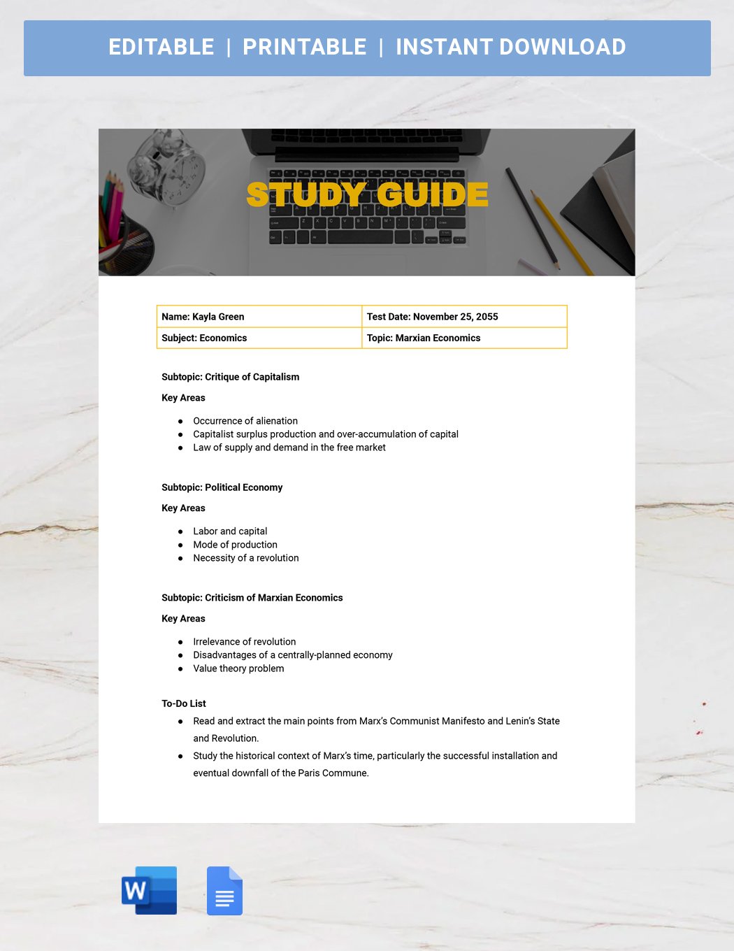 Study Guide Template Word Free