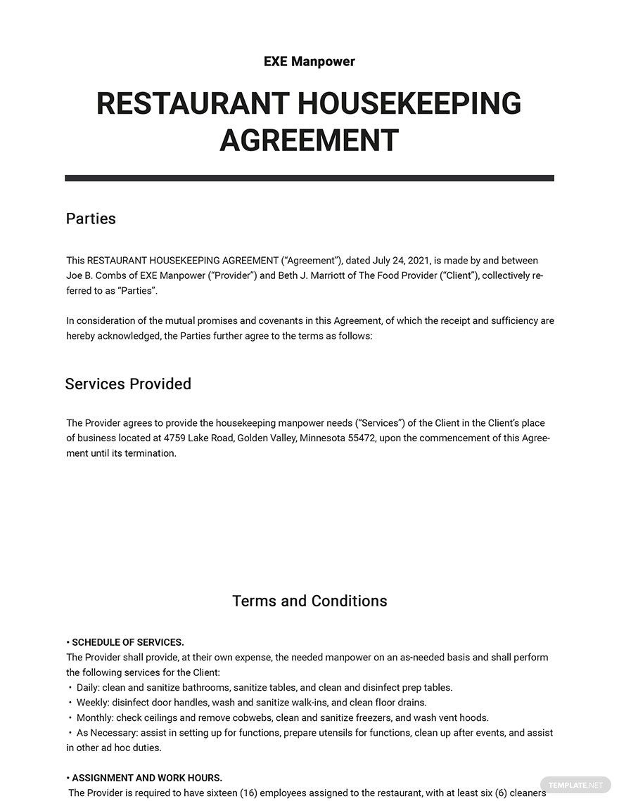 Restaurant Housekeeping Agreement Template