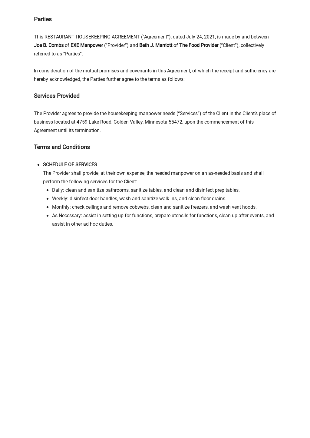 Restaurant Housekeeping Agreement Template Google Docs Word 