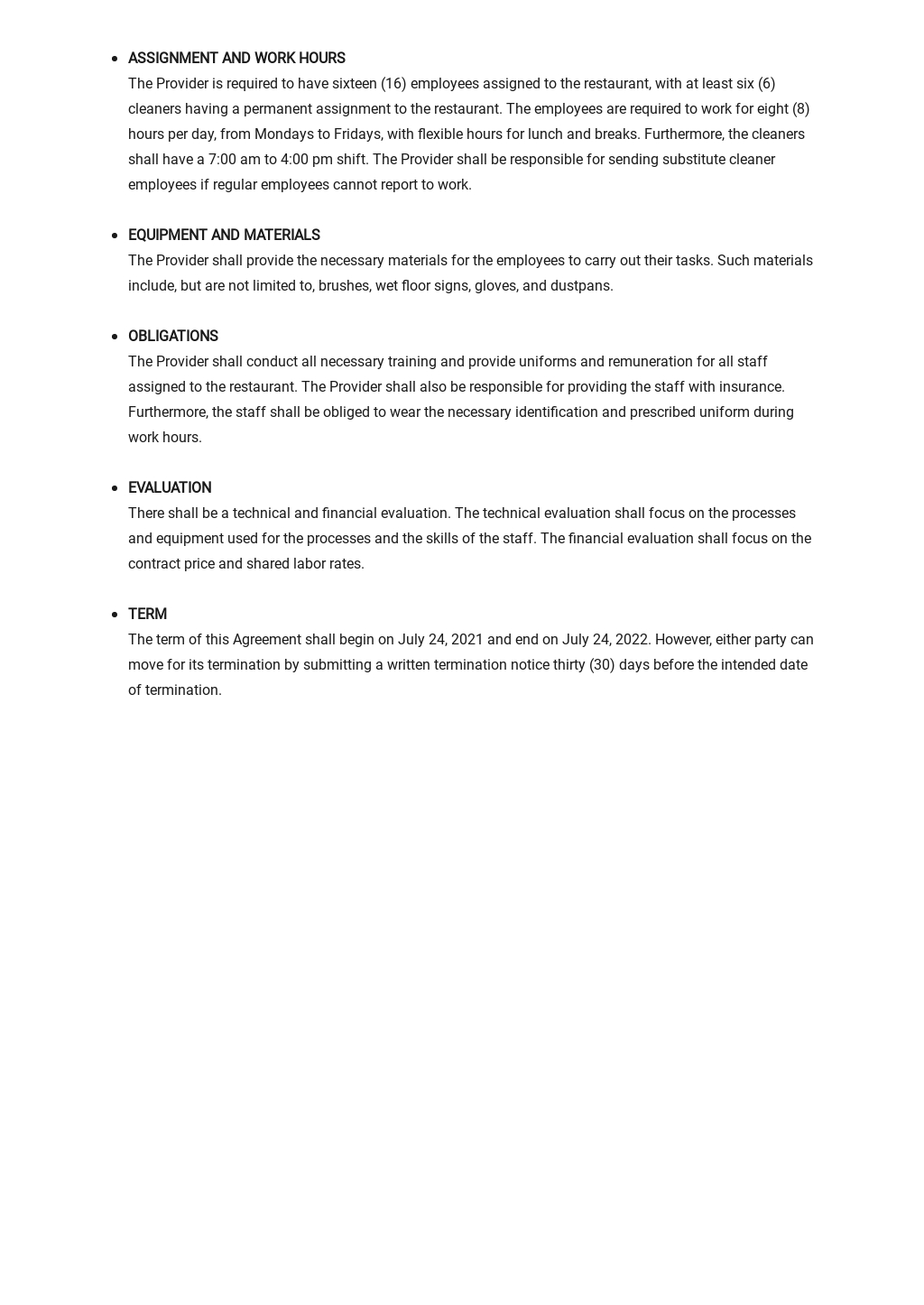 Restaurant Housekeeping Agreement Template Google Docs Word 