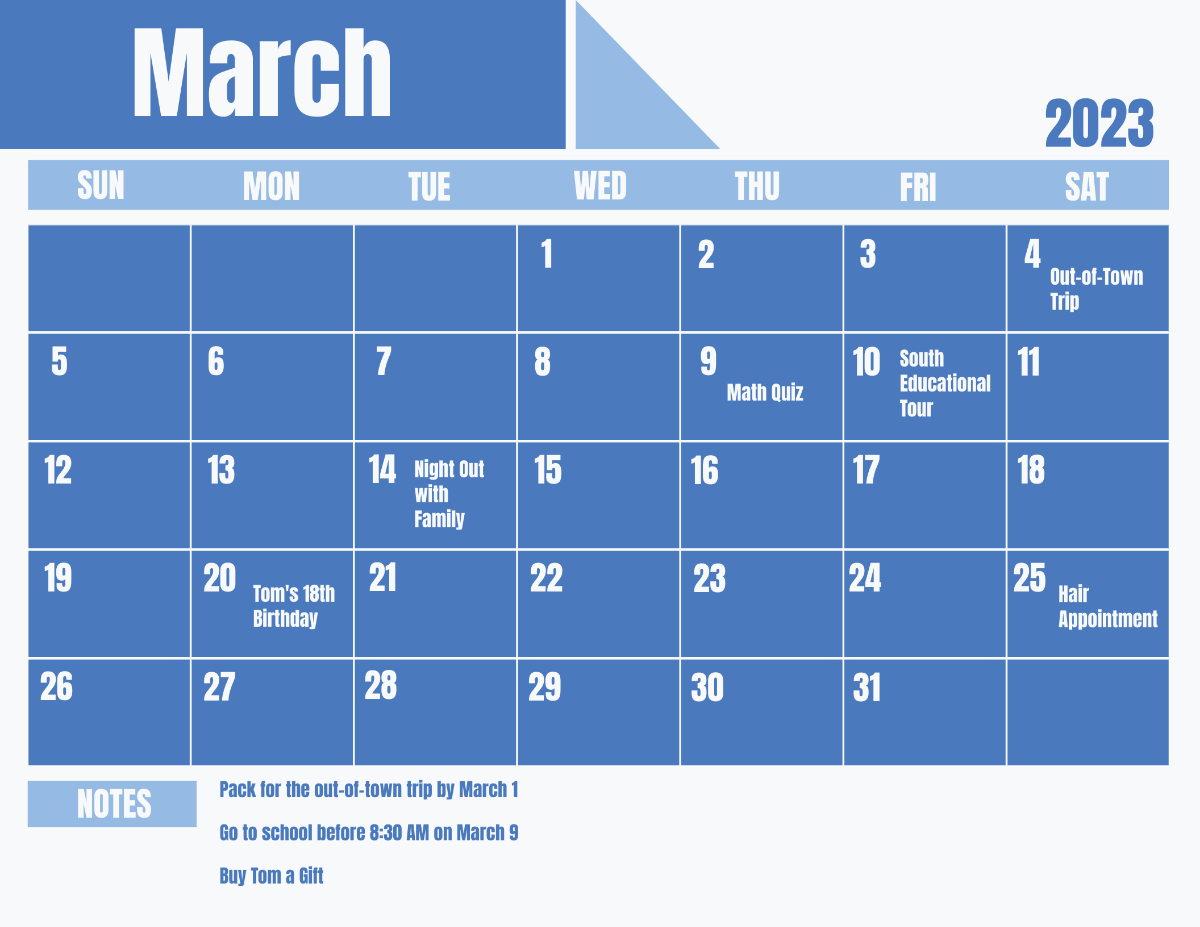 Blue March 2023 Calendar Template